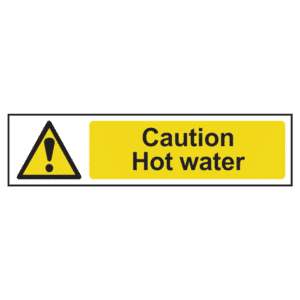 ASEC `Caution: Hot Water` Sign 200mm x 50mm - 200mm x 50mm