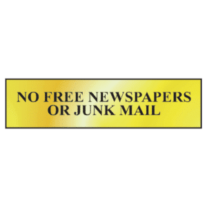 ASEC `No Free Newspapers or Junk Mail` 200mm x 50mm Metal Strip Self Adhesive Sign Gold - Gold