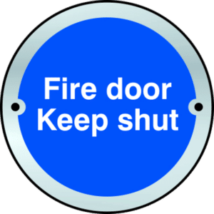 ASEC `Fire door Keep shut` Disc Sign 75mm - Satin Anodised Aluminium