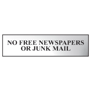 ASEC `No Free Newspapers or Junk Mail` 200mm x 50mm Metal Strip Self Adhesive Sign Chrome - Chrome Effect