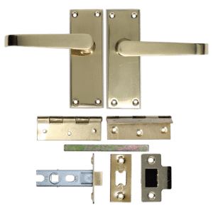 ASEC Victorian Handle Latch Pack Plated Straight Lever With Latch & Hinges - Polished Brass Plated