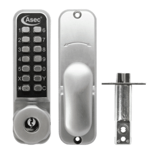 ASEC AS3300 Series Easy Code Change Digital Lock With Key Override Optional Holdback & 60mm Latch - AS3303 60mm Latch Satin Chrome