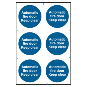 ASEC `Automatic Fire Door Keep Clear` 200mm x 300mm PVC Self Adhesive Sign - 6 Per Sheet