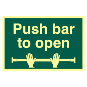 ASEC `Push Bar To Open` 200mm x 300mm PVC Self Adhesive Photo luminescent Sign - 1 Per Sheet