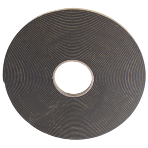 Roll of black duct tape with a brown cardboard core viewed from above, showing concentric layers of tape