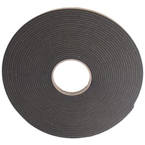 Top-down view of a large roll of black adhesive tape with a brown cardboard core.