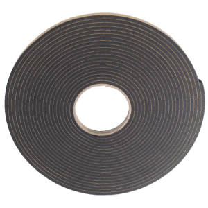 Roll of black adhesive tape wound around a cardboard core, viewed from above