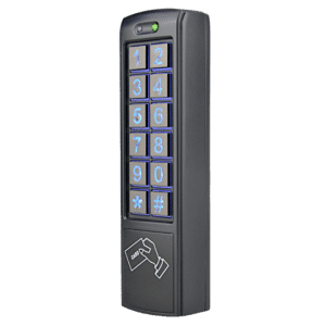 Security access keypad with blue-illuminated numeric keys and card reader slot at the bottom, used for building entry.