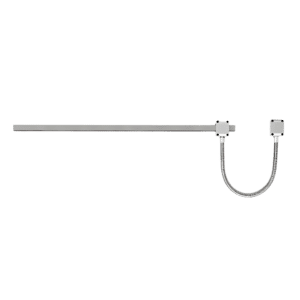 Long horizontal gray metal bar with two square mounting blocks on the right and a curved flexible conduit extending from them against a black background.