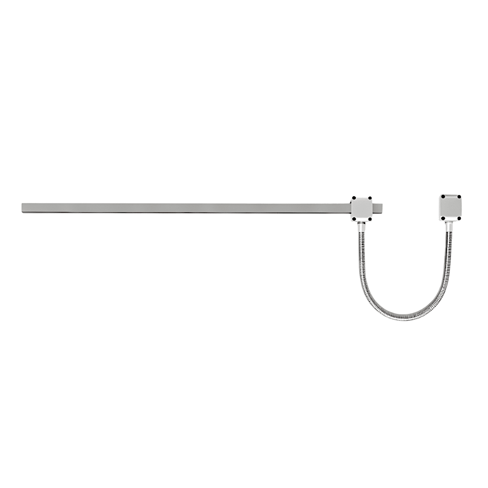 AS12693_1 - Ironmongery Warehouse Long horizontal metal mounting rail with two square brackets and flexible conduit cables at the right end on a black background.