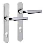 Polished chrome double door handle set with keyhole plates on both levers