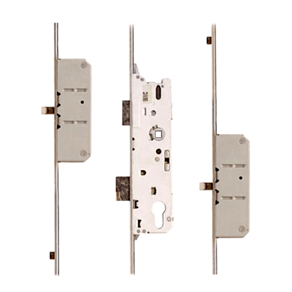 L37918_1 - Ironmongery Warehouse Three-quarter views of a mortise lock mechanism: front, back, and strike-side plates on a black background.