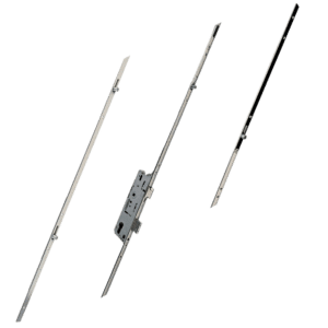 Exploded view of a three-point door lock: three metal bolts with a central mortise mechanism.