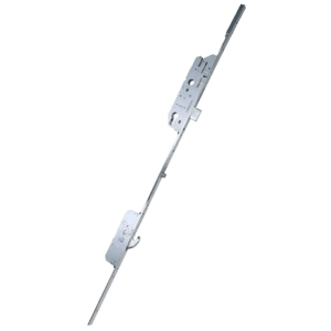 Metal mortise door lock with a long operating spindle and two faceplates, shown at an angle on a black background.