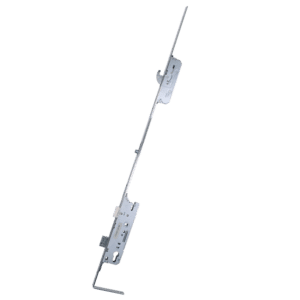 Mortise door lock hardware with latch bolt and strike plates on a long metal mechanism