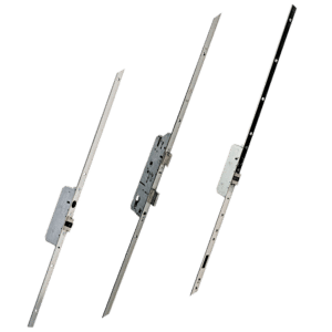 Three door lock mechanisms with long metal bolts shown diagonally against a black background.