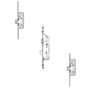 Diagram of a door lock assembly with central mortise box and strike plates on both sides of the door frame (left and right).