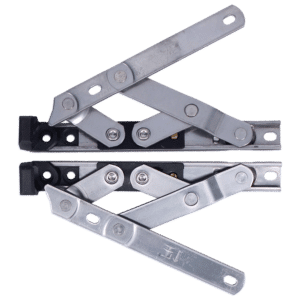Metal folding scissor hinge with interlocking arms and riveted joints.