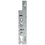 Mortise door lock mechanism with visible latch and rotating cylinder components (metal housing)