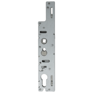 Mortise door lock mechanism with visible latch and rotating cylinder components (metal housing)