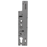 Mortise lock mechanism plate with keyhole and bolt holes on a vertical metal plate