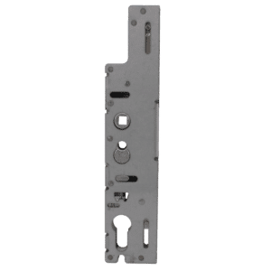 Mortise lock mechanism plate with keyhole and bolt holes on a vertical metal plate