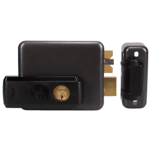 Black rectangular door lock with brass deadbolt and latch, shown with a separate strike plate to the right, ready for installation