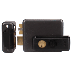 Black rectangular door lock hardware with a brass key cylinder and an attached latch bolt, shown from the side.