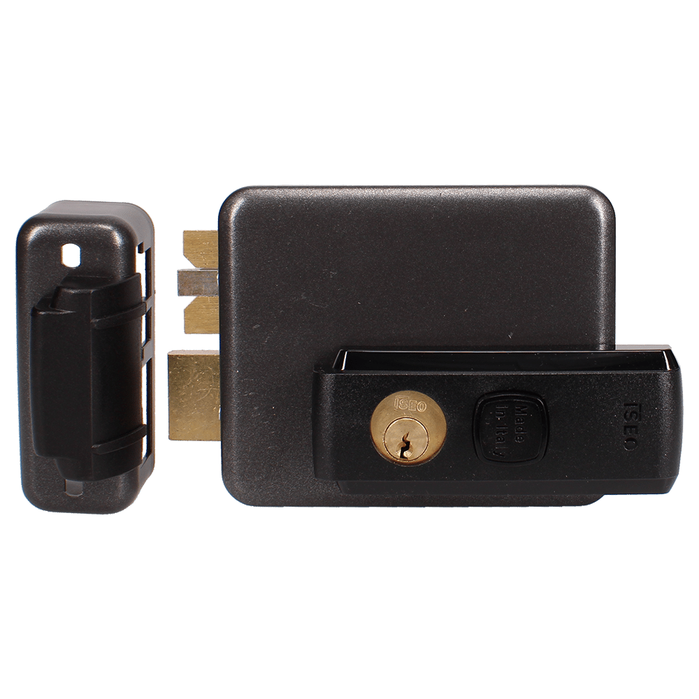 L38064_1 - Ironmongery Warehouse Black rectangular door lock hardware with a brass key cylinder and an attached latch bolt, shown from the side.