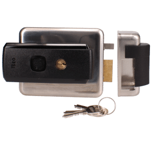 Electronic door lock with brass bolt and set of keys on a white background. Communicates a locked door ready for use or installation.
