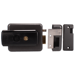 Black door lock assembly with rectangular lever and metal strike plates (latch and strike pieces shown).
