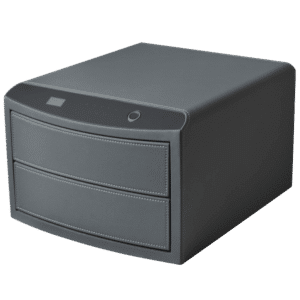 Black leather-look desktop two-drawer storage box with a curved front and stitched seams on top panel area.