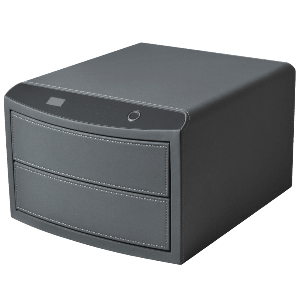 L38088_1 - Ironmongery Warehouse Black leather-look desktop two-drawer storage box with a curved front and stitched seams on top panel area.