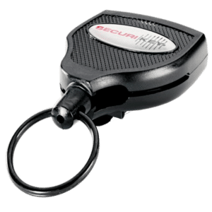 Black oval security key fob with a textured grip and a metal label, attached to a circular key ring