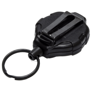 Black plastic key fob with a circular key ring attached, featuring a belt-clip slot on top used to hold keys or an ID badge.