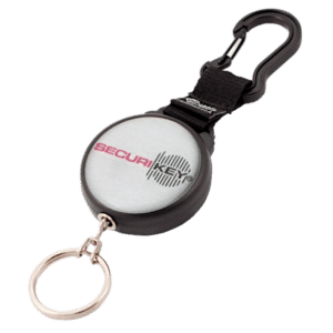 Retractable badge reel with black carabiner clip and metal key ring, used to hold an ID badge