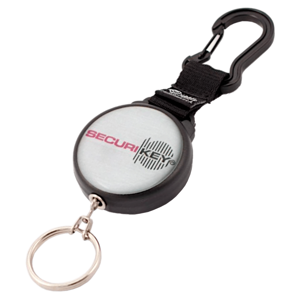 L38094_1 - Ironmongery Warehouse Retractable badge reel with black carabiner clip and metal key ring, used to hold an ID badge