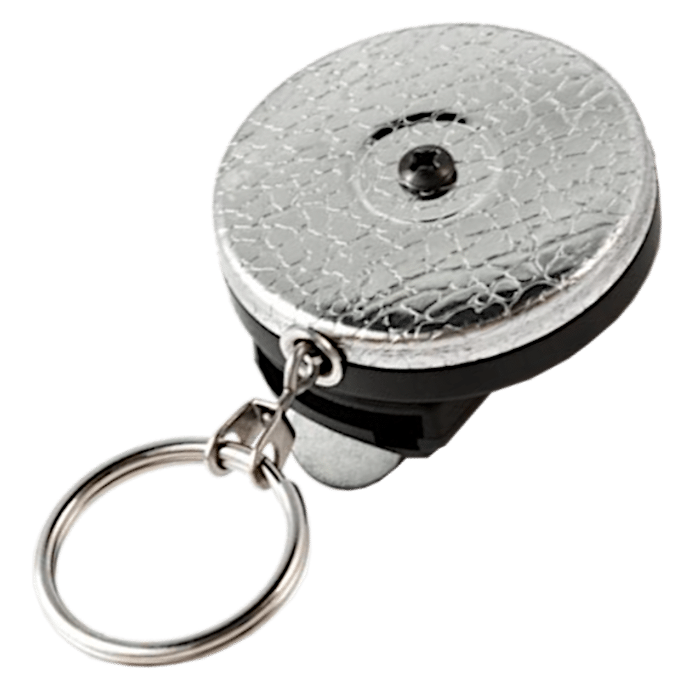 L38095_1 - Ironmongery Warehouse Circular metal cap with a cracked texture mounted on a black base, attached to a keyring (keychain accessory).