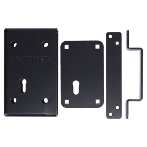 Gate latch hardware kit laid out: multiple black metal plates and a curved latch bar for mounting on a gate