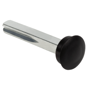 Metal pin with a black round head and a long silver shaft, viewed at an angle.