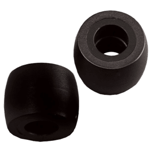 Two black cylindrical rubber bushings with hollow centers, shown from the side and end view.