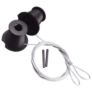 Black spool with a coiled steel wire rope and two small black pins.