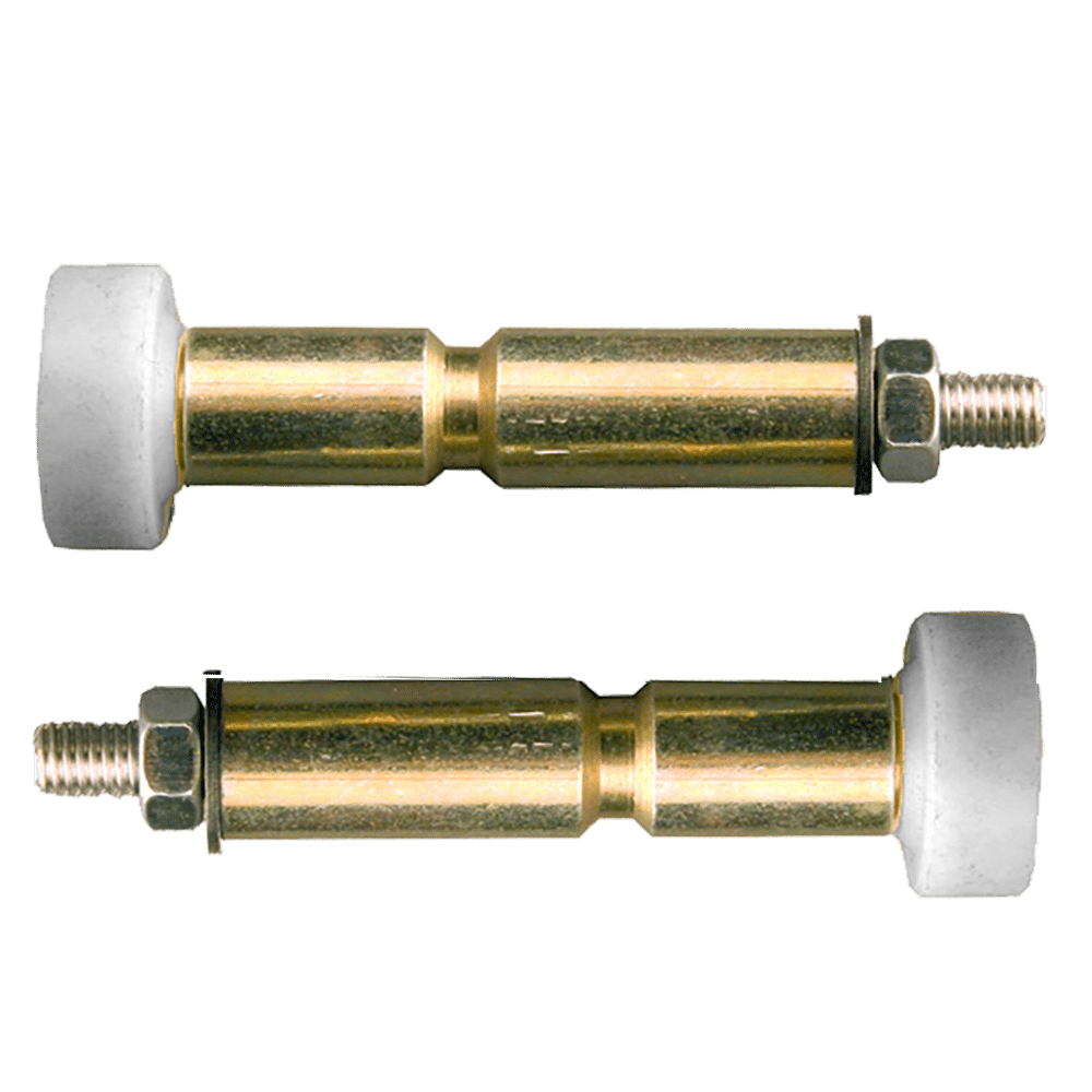 L38137_1 - Ironmongery Warehouse Pair of brass expansion anchor bolts with hex nuts and large silver heads, laid parallel for mounting in concrete