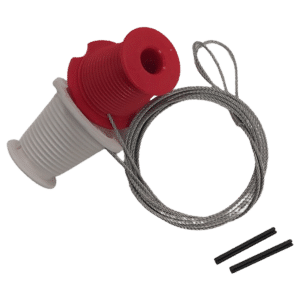 Electrical pull-cord switch assembly with a red threaded actuator, white mounting nut, steel braided cable, and two black end caps.