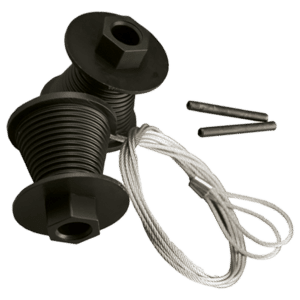 Black pulley block with rope and two metal pins. Used for lifting or hoisting applications.