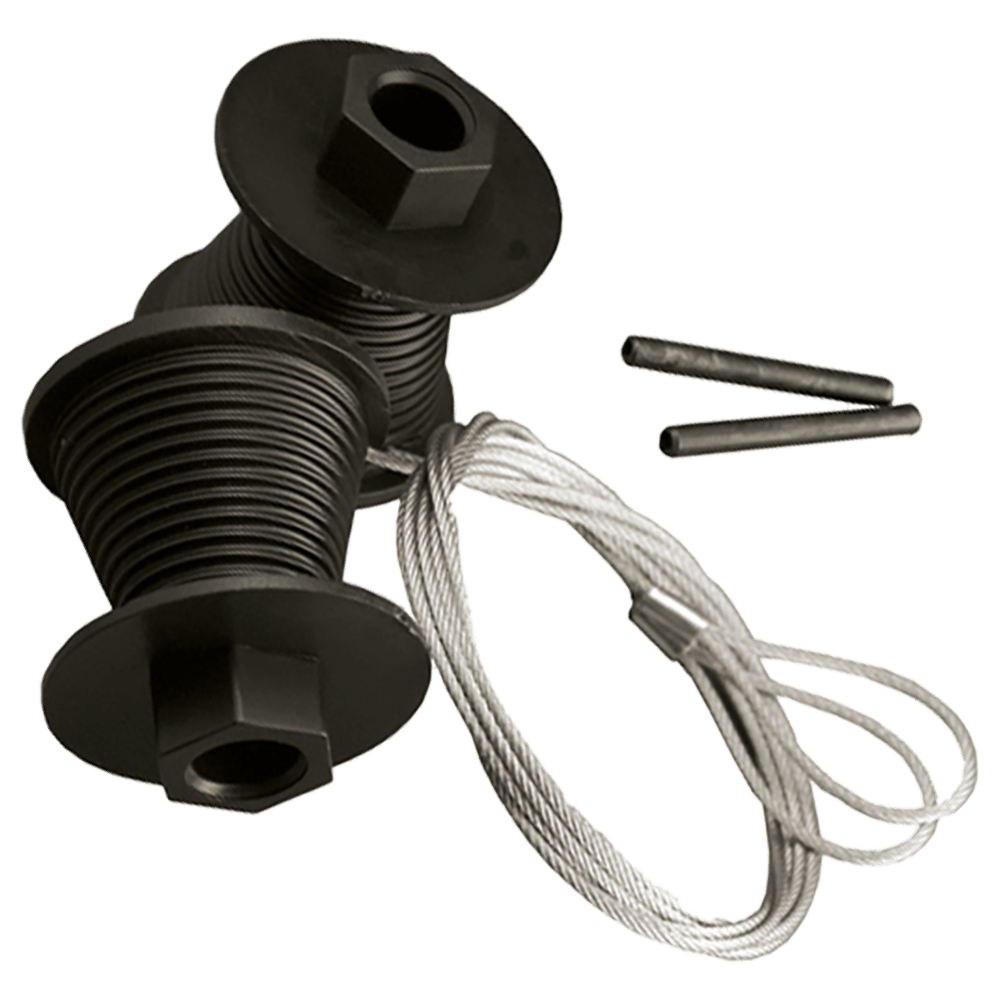 L38140_1 - Ironmongery Warehouse Black pulley block with rope and two metal pins. Used for lifting or hoisting applications.