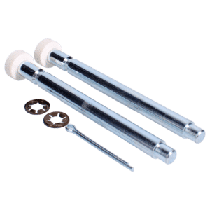 Two long chrome bolts with white plastic end caps, plus an Allen wrench and two washers for furniture assembly