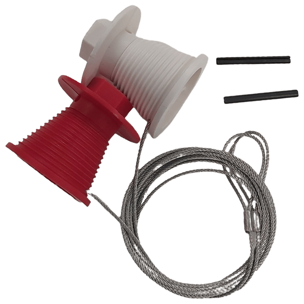 L38142_1 - Ironmongery Warehouse Spooling device with red and white plastic reels and braided steel cable, plus two black pins nearby