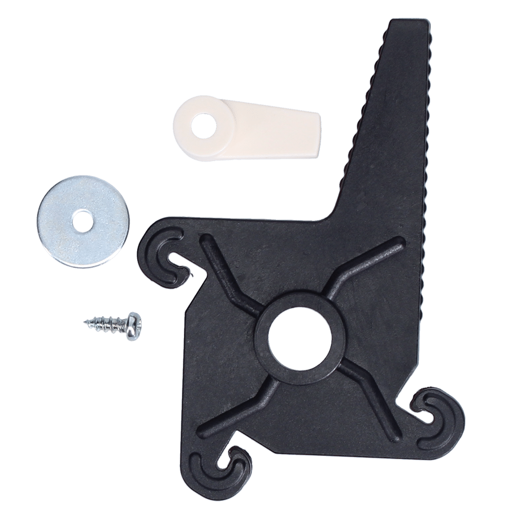 L38144_1 - Ironmongery Warehouse Black plastic mounting bracket with a central hole and four curved hooks, plus a screw, washer, and white spacer.