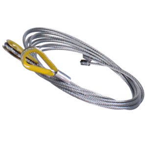 Coiled steel wire rope sling with a yellow protective eye and metal fitting, used for lifting.